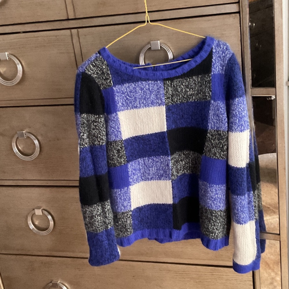Plaid rabbit hair blend Sweater - Blue, Black, White; size S